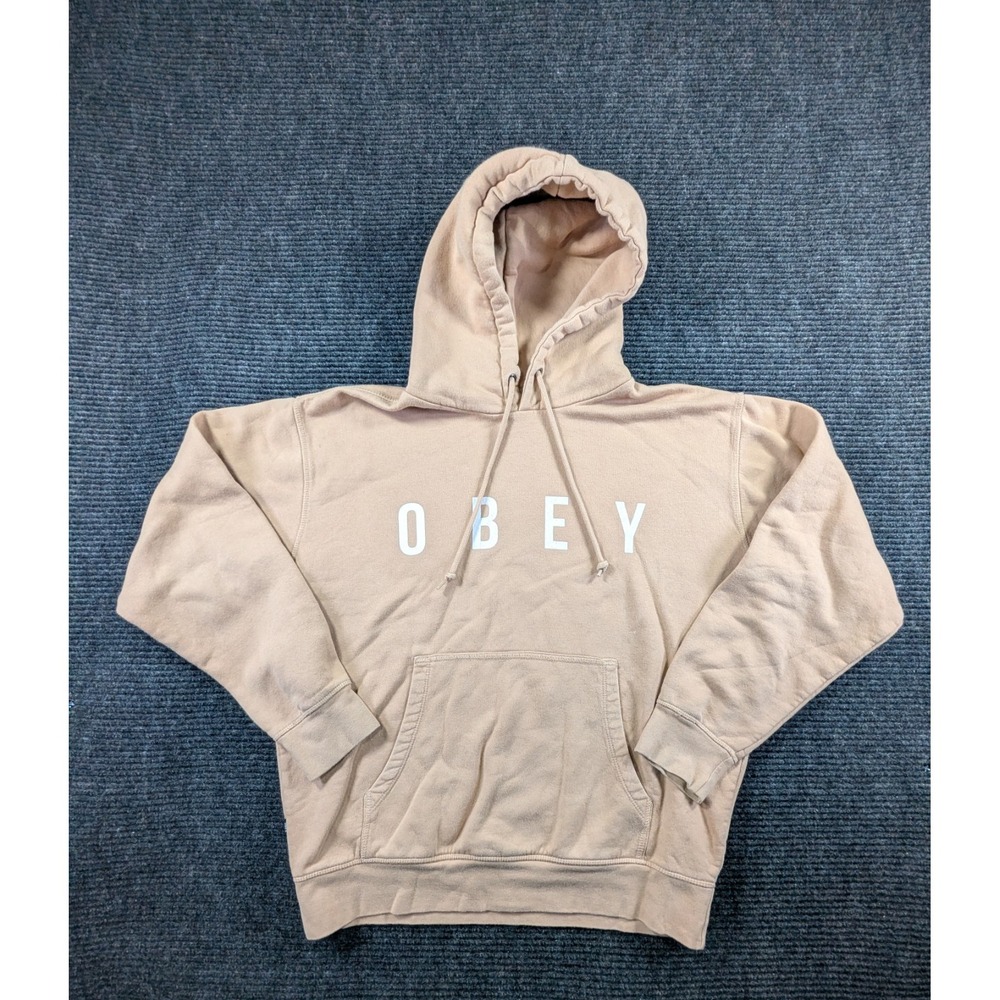 Obey Anyway Hoodie Mens Small Beige Cotton Fleece Lined Warm Kangaroo Pocket
